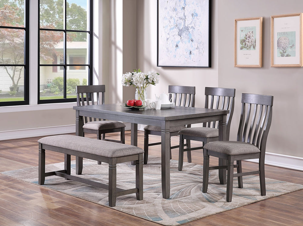 English Elm Dining 6-Piece Dining Set Grey Finish with Cushioned Upholstered Chairs and Bench, Solid Wood Look, 60" Table, Contemporary Style B011S00097