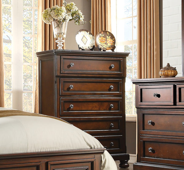 English Elm Transitional Chest of Five Drawers with Bun Feet, Brown Cherry Finish on Birch Veneer, 40"x18"x54" B01146551
