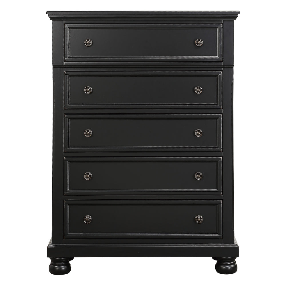 English Elm Casual Laurelin 5-Drawer Chest in Black Sand-Through Finish with Antiqued Bronze Knobs & Bun Feet B01146552