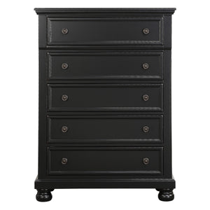 English Elm Casual Laurelin 5-Drawer Chest in Black Sand-Through Finish with Antiqued Bronze Knobs & Bun Feet B01146552