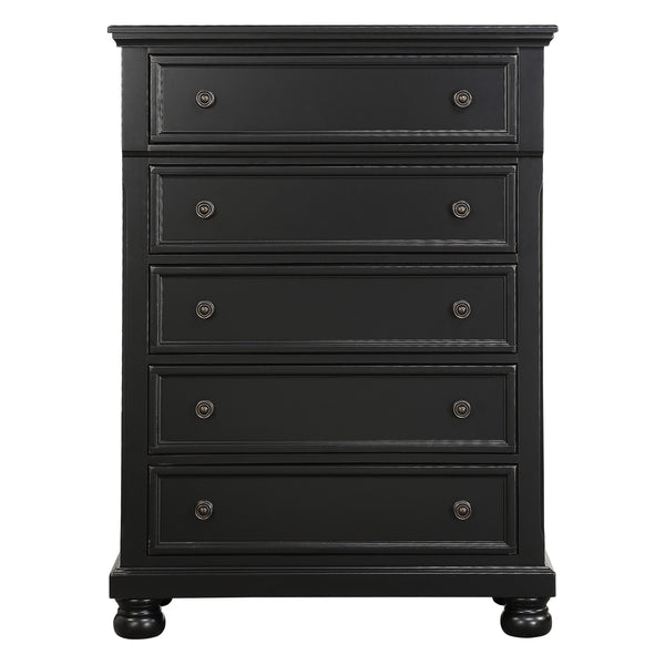 English Elm Casual Laurelin 5-Drawer Chest in Black Sand-Through Finish with Antiqued Bronze Knobs & Bun Feet B01146552