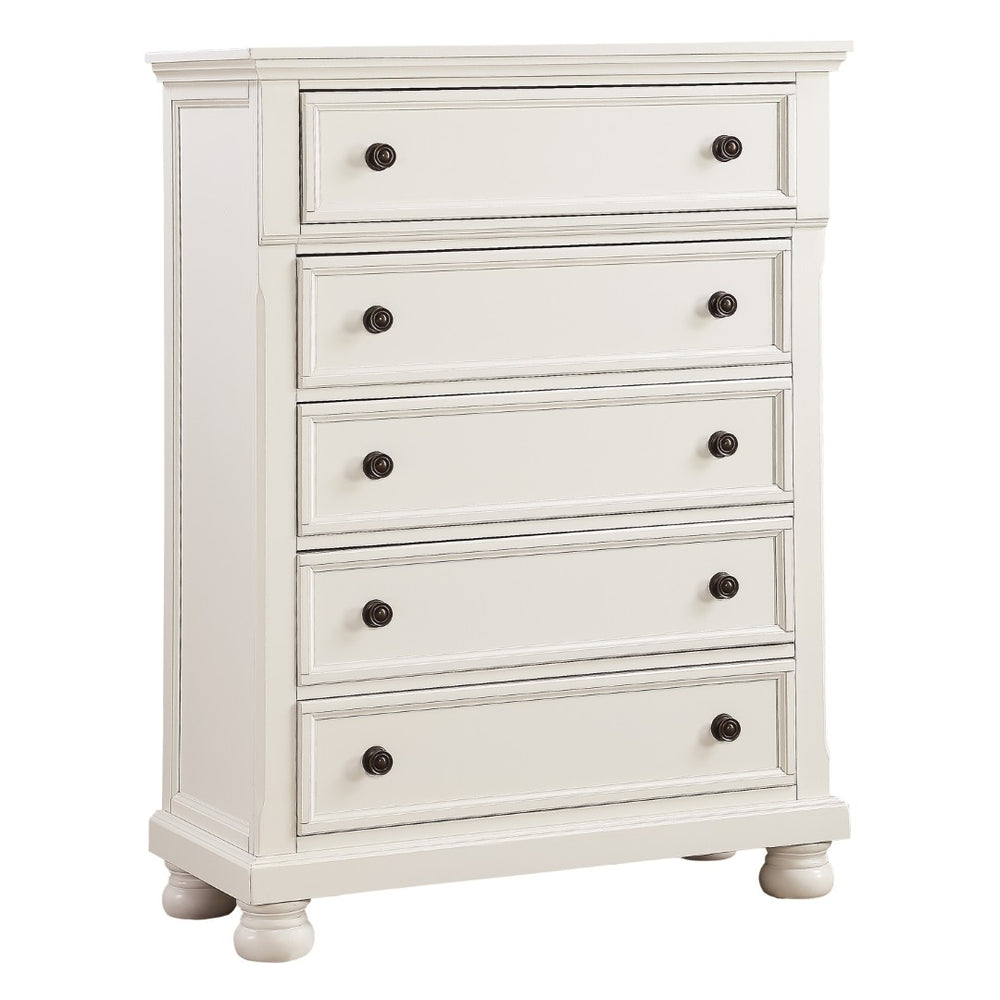 English Elm Casual White Five Drawer Chest with Bronze Knobs Bun Feet for Bedroom Storage B01146547