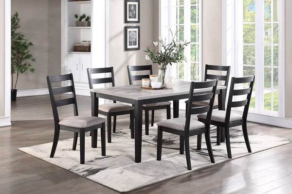 English Elm Rustic Solid Wood 7pc Dining Set 60" Table with Ladder-Back Cushioned Chairs & Bench, Charcoal Sand Finish B01146564