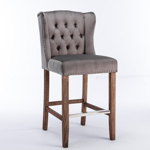 English Elm A&A Velvet Counter Height Bar Stools Set of 2 — 27" Wingback Upholstered Seats with Tufted Back and Nailhead Trim W114341152
