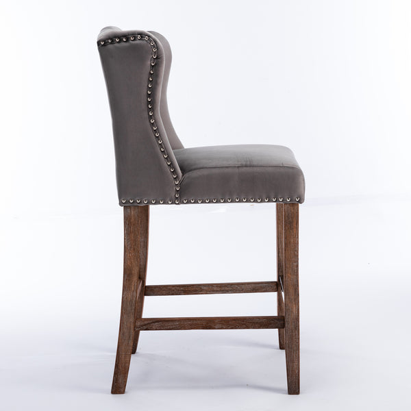 English Elm A&A Velvet Counter Height Bar Stools Set of 2 — 27" Wingback Upholstered Seats with Tufted Back and Nailhead Trim W114341152