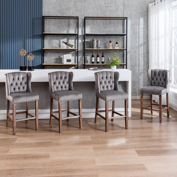 English Elm A&A Velvet Counter Height Bar Stools Set of 2 — 27" Wingback Upholstered Seats with Tufted Back and Nailhead Trim W114341152