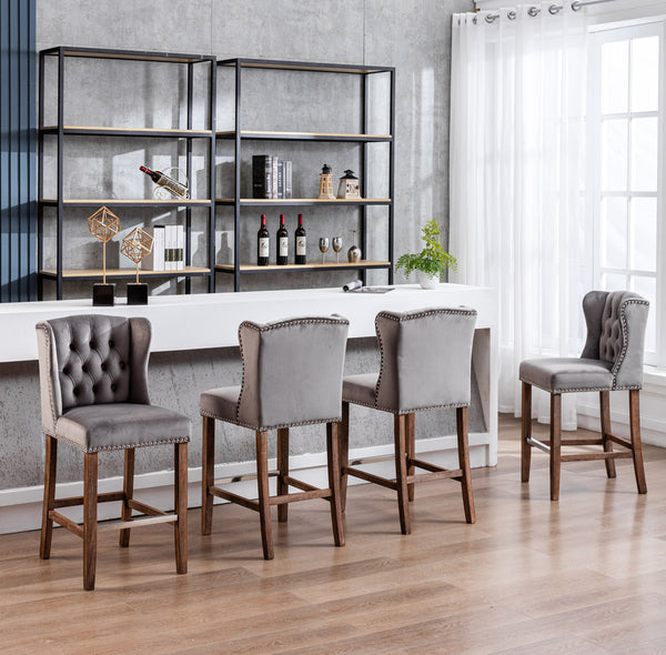 English Elm A&A Velvet Counter Height Bar Stools Set of 2 — 27" Wingback Upholstered Seats with Tufted Back and Nailhead Trim W114341152