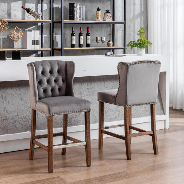 English Elm A&A Velvet Counter Height Bar Stools Set of 2 — 27" Wingback Upholstered Seats with Tufted Back and Nailhead Trim W114341152
