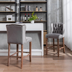 English Elm A&A Velvet Counter Height Bar Stools Set of 2 – 27" Wingback Upholstered Seats with Nailhead Trim, Tufted Back, Wood Legs, Grey W114341152
