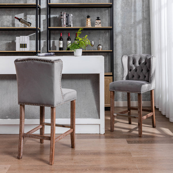 English Elm A&A Velvet Counter Height Bar Stools Set of 2 – 27" Wingback Upholstered Seats with Nailhead Trim, Tufted Back, Wood Legs, Grey W114341152