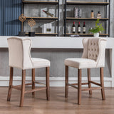 English Elm ,Counter Height Bar Stools, Upholstered 27" Seat Height Barstools, Wingback Breakfast Chairs With Nailhead-Trim & Tufted Back, Wood Legs, Set Of 2(Beige)