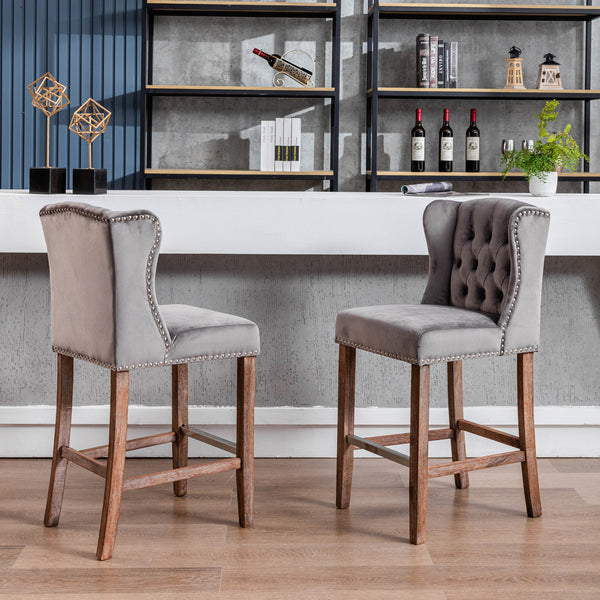 English Elm A&A Velvet Counter Height Bar Stools Set of 2 – 27" Wingback Upholstered Seats with Nailhead Trim, Tufted Back, Wood Legs, Grey W114341152