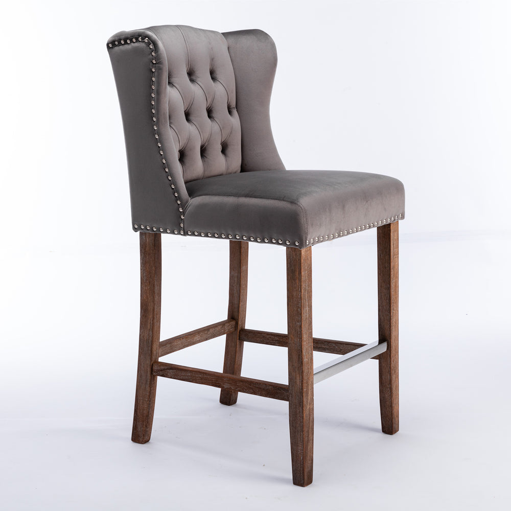 English Elm A&A Velvet Counter Height Bar Stools Set of 2 – 27" Wingback Upholstered Seats with Nailhead Trim, Tufted Back, Wood Legs, Grey W114341152