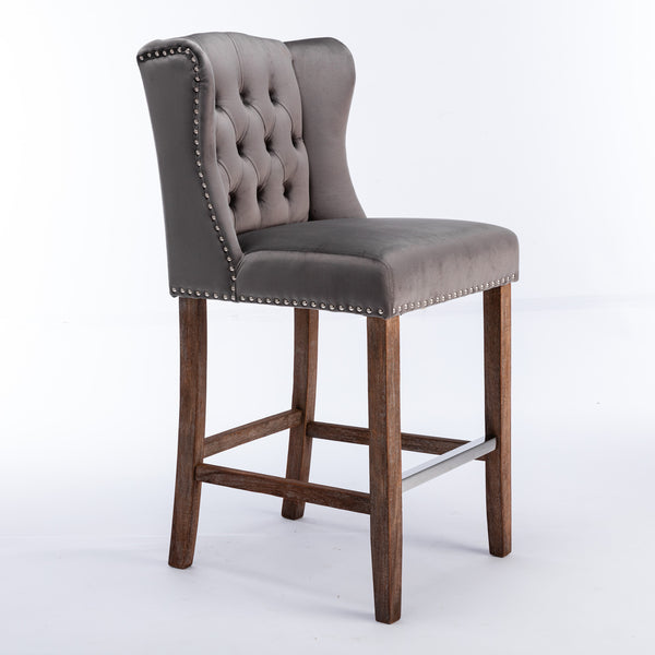 English Elm A&A Velvet Counter Height Bar Stools Set of 2 – 27" Wingback Upholstered Seats with Nailhead Trim, Tufted Back, Wood Legs, Grey W114341152