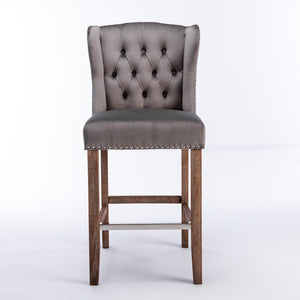 English Elm A&A Velvet Counter Height Bar Stools Set of 2 – 27" Wingback Upholstered Seats with Nailhead Trim, Tufted Back, Wood Legs, Grey W114341152