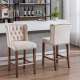 English Elm ,Counter Height Bar Stools, Upholstered 27" Seat Height Barstools, Wingback Breakfast Chairs With Nailhead-Trim & Tufted Back, Wood Legs, Set Of 2(Beige)