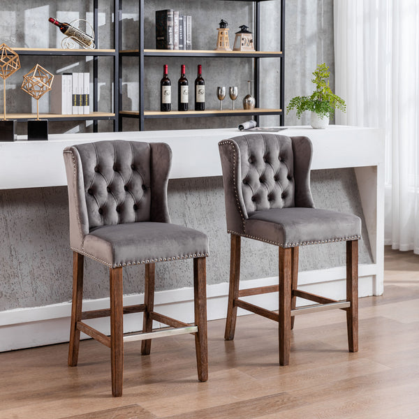English Elm A&A Velvet Counter Height Bar Stools Set of 2 — 27" Wingback Upholstered Seats with Tufted Back and Nailhead Trim W114341152