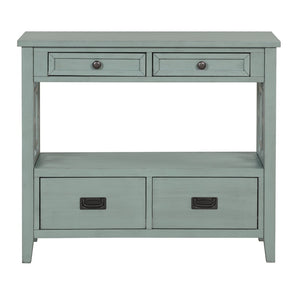 English Elm 36'' Solid Pine Farmhouse Console Four Drawer Entryway Table with Open Shelf Retro Blue W120246662