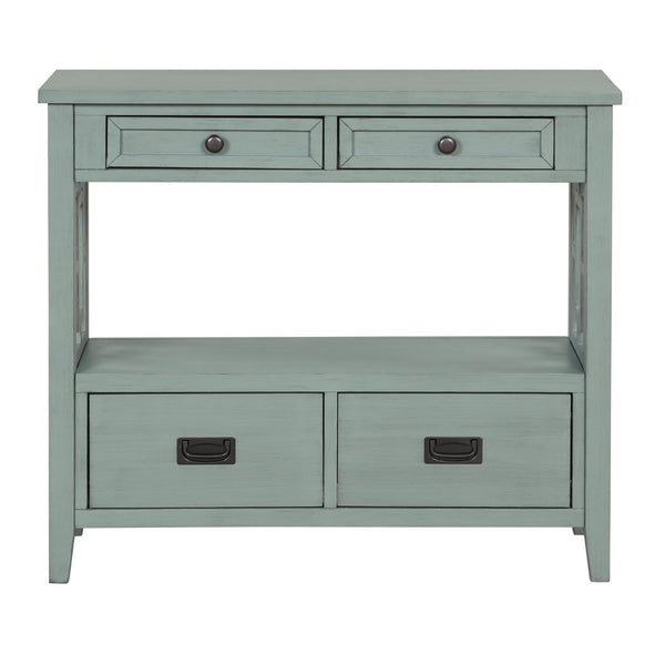 English Elm 36'' Solid Pine Farmhouse Console Four Drawer Entryway Table with Open Shelf Retro Blue W120246662