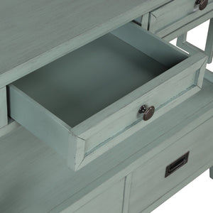 English Elm 36'' Solid Pine Farmhouse Console Four Drawer Entryway Table with Open Shelf Retro Blue W120246662