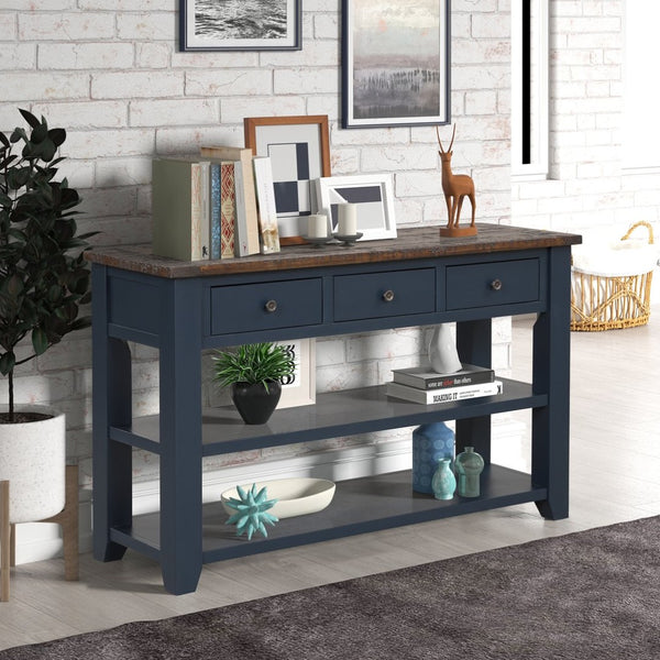 English Elm 48'' Pine Wood Console Table Vintage Entryway Piece with 3 Drawers and Open Shelves Navy Blue W1202P360961