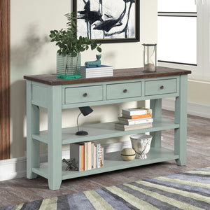 English Elm 48'' Pine Wood Console Table Vintage Entryway Piece with 3 Drawers and Open Shelves Retro Blue W1202P360960