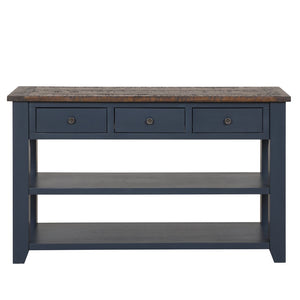 English Elm 48'' Pine Wood Console Table Vintage Entryway Piece with 3 Drawers and Open Shelves Navy Blue W1202P360961