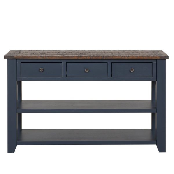 English Elm 48'' Pine Wood Console Table Vintage Entryway Piece with 3 Drawers and Open Shelves Navy Blue W1202P360961