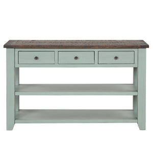 English Elm 48'' Pine Wood Console Table Vintage Entryway Piece with 3 Drawers and Open Shelves Retro Blue W1202P360960
