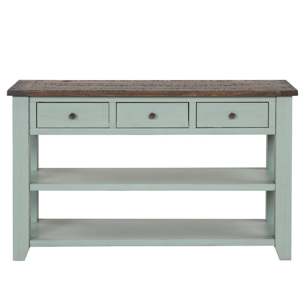 English Elm 48'' Pine Wood Console Table Vintage Entryway Piece with 3 Drawers and Open Shelves Retro Blue W1202P360960