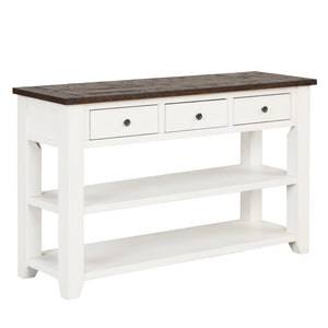 English Elm 48'' Pine Wood Console Table Vintage Entryway Piece with 3 Drawers and Open Shelves Antique White W1202P360964