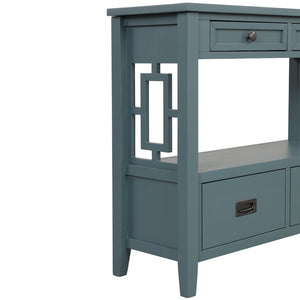 English Elm 36'' Solid Pine Farmhouse Console Four Drawer Entryway Table with Open Shelf Blue W120246660