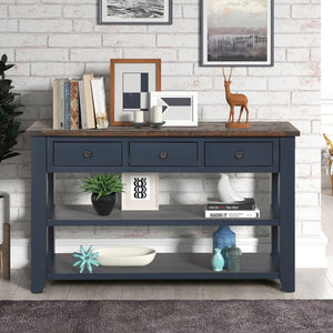 English Elm 48'' Pine Wood Console Table Vintage Entryway Piece with 3 Drawers and Open Shelves Navy Blue W1202P360961