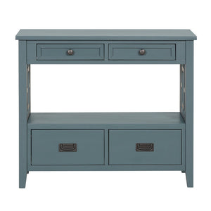 English Elm 36'' Solid Pine Farmhouse Console Four Drawer Entryway Table with Open Shelf Blue W120246660