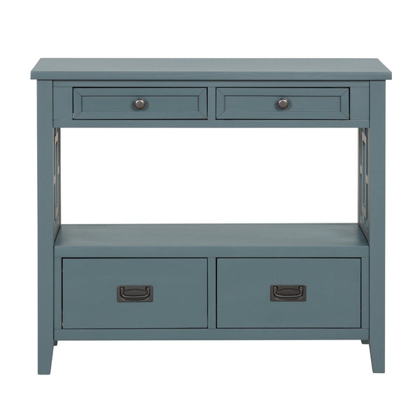 English Elm 36'' Solid Pine Farmhouse Console Four Drawer Entryway Table with Open Shelf Blue W120246660