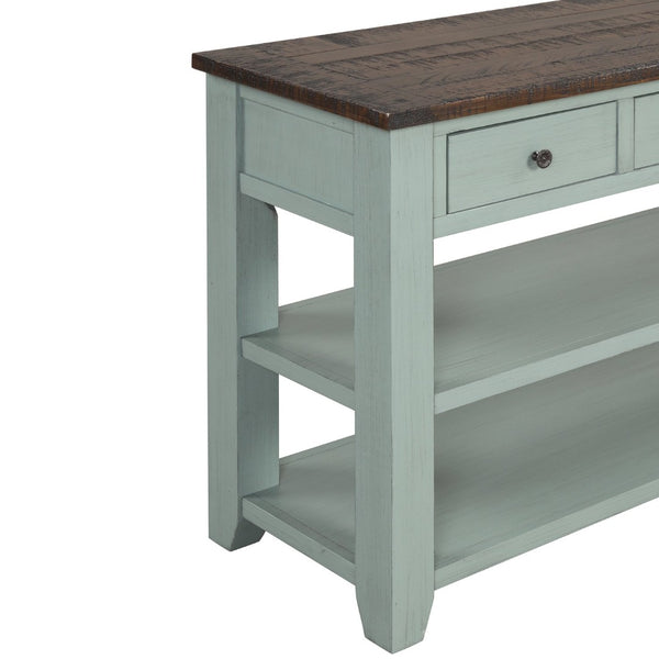 English Elm 48'' Pine Wood Console Table Vintage Entryway Piece with 3 Drawers and Open Shelves Retro Blue W1202P360960
