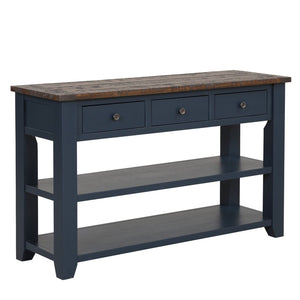 English Elm 48'' Pine Wood Console Table Vintage Entryway Piece with 3 Drawers and Open Shelves Navy Blue W1202P360961