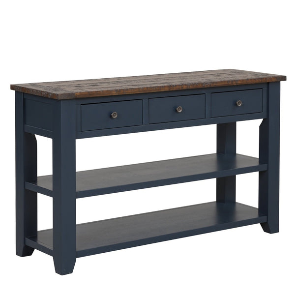 English Elm 48'' Pine Wood Console Table Vintage Entryway Piece with 3 Drawers and Open Shelves Navy Blue W1202P360961