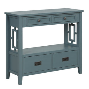 English Elm 36'' Solid Pine Farmhouse Console Four Drawer Entryway Table with Open Shelf Blue W120246660