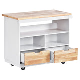 English Elm Rolling Kitchen Island With Storage, Two-Sided Kitchen Island Cart On Wheels With Rubberwood Top,Wine and Spice Rack, Large Kitchen Cart With 2 Drawers, 3 Open Compartments, White