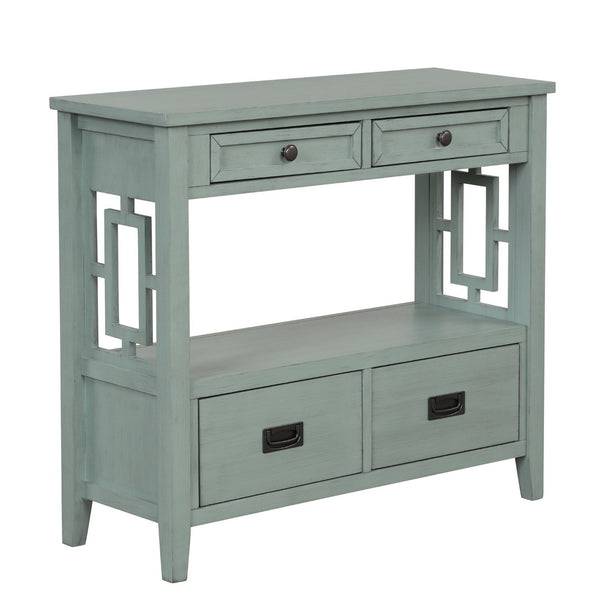English Elm 36'' Solid Pine Farmhouse Console Four Drawer Entryway Table with Open Shelf Retro Blue W120246662