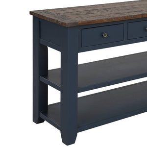English Elm 48'' Pine Wood Console Table Vintage Entryway Piece with 3 Drawers and Open Shelves Navy Blue W1202P360961