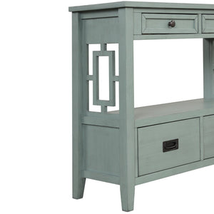 English Elm 36'' Solid Pine Farmhouse Console Four Drawer Entryway Table with Open Shelf Retro Blue W120246662