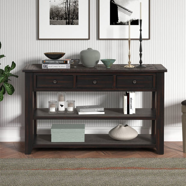 English Elm 48'' Pine Wood Console Table Vintage Entryway Piece with 3 Drawers and Open Shelves Distressed Black W1202P360958