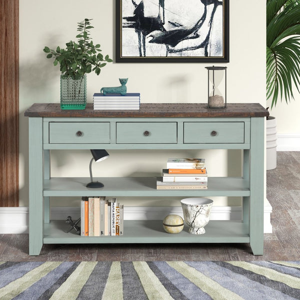 English Elm 48'' Pine Wood Console Table Vintage Entryway Piece with 3 Drawers and Open Shelves Retro Blue W1202P360960