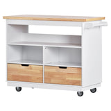 Hearth and Haven Rolling Kitchen Island with Storage, Two-Sided Kitchen Island Cart On Wheels with Rubberwood Top, Wine and Spice Rack, Large Kitchen Cart with 2 Drawers, 3 Open Compartments WF318964AAW