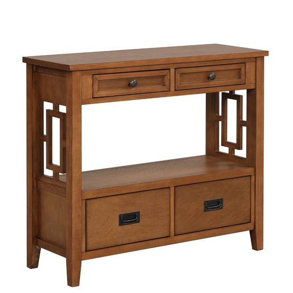 English Elm 36'' Solid Pine Farmhouse Console Four Drawer Entryway Table with Open Shelf Brown W120246663