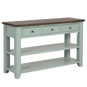 English Elm 48'' Pine Wood Console Table Vintage Entryway Piece with 3 Drawers and Open Shelves Retro Blue W1202P360960