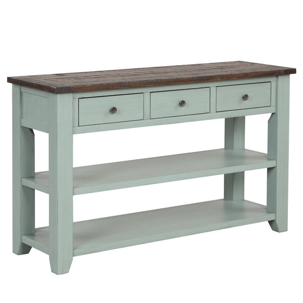 English Elm 48'' Pine Wood Console Table Vintage Entryway Piece with 3 Drawers and Open Shelves Retro Blue W1202P360960