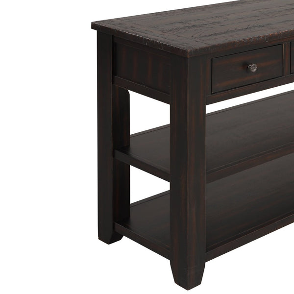English Elm 48'' Pine Wood Console Table Vintage Entryway Piece with 3 Drawers and Open Shelves Distressed Black W1202P360958